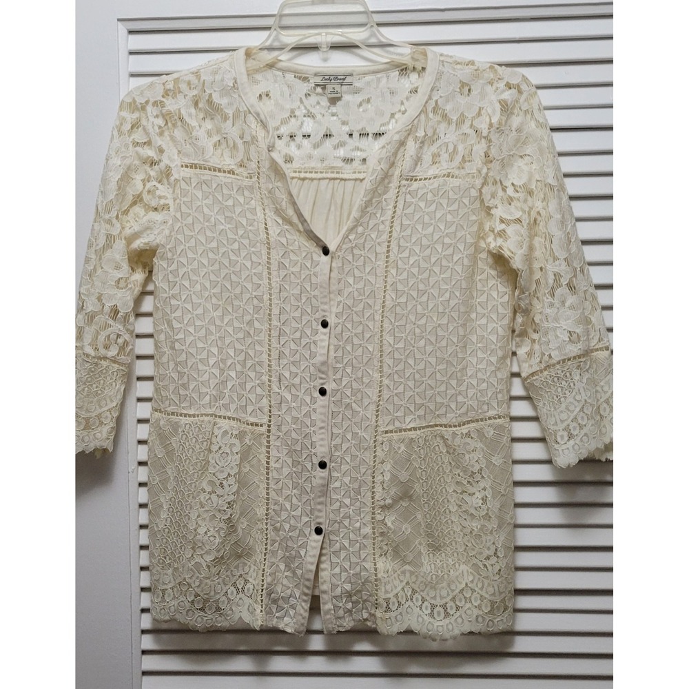 Lace Geometric V-Neck Button 3/4 Sleeve Blouse Lucky Brand Women S Ivory